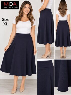 MOA Collection Women’s Navy Blue A-Line Midi Skirt Flared Stretch Waist - XL